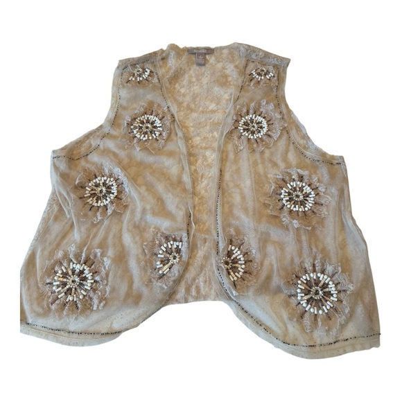 Chico’s Beaded Embroidered Sheer Mesh Beige Bohemian Festival Vest Size 2 (M/L) - Picture 9 of 12